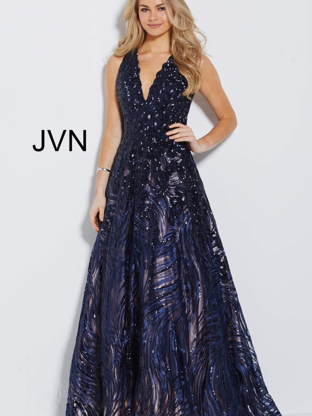 Jovani Style No. JVN60641A beaded long prom dress navy blue size 8